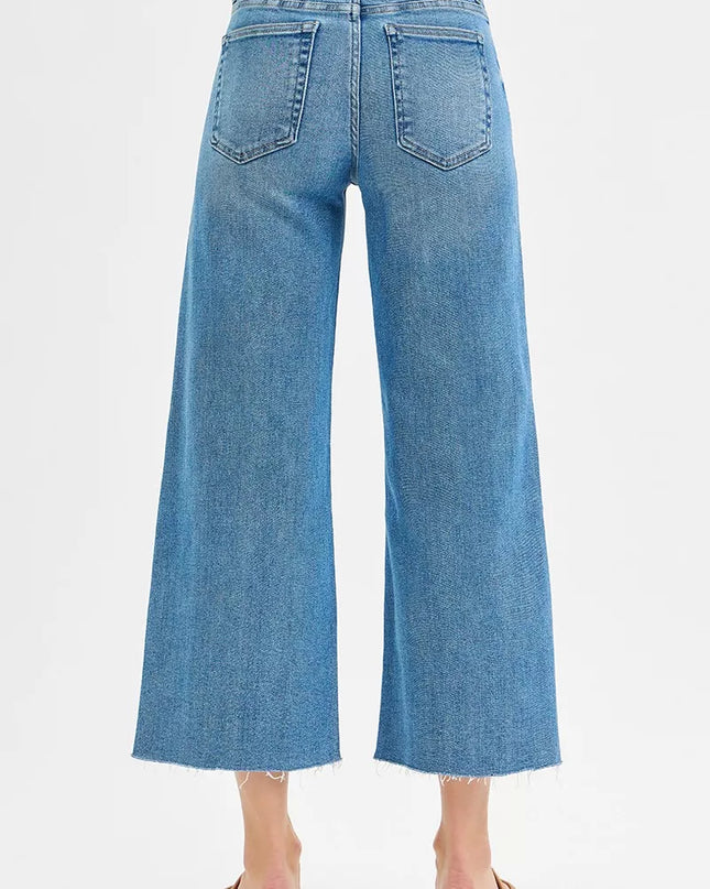 RISEN Tummy Control Mid Rise Crop Wide Front Slit Jeans - Sleekdenim.com
