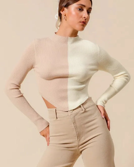 SO ME Color Block Fitted Crop Sweater Top - Sleekdenim.com
