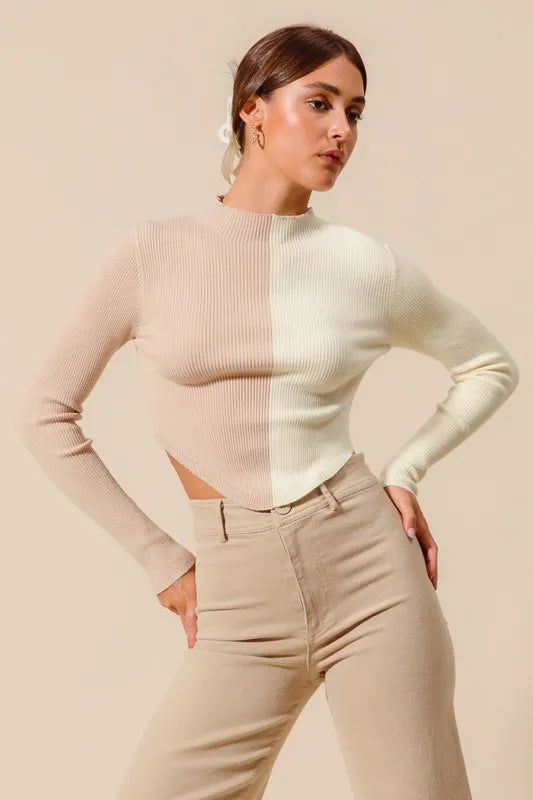 SO ME Color Block Fitted Crop Sweater Top - Sleekdenim.com