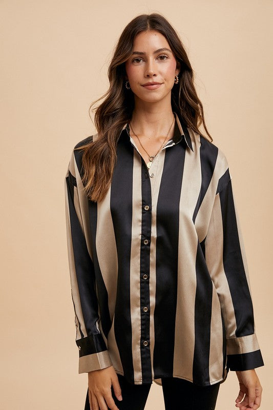 Annie Wear Striped Dropped Shoulder Button Up Shirt