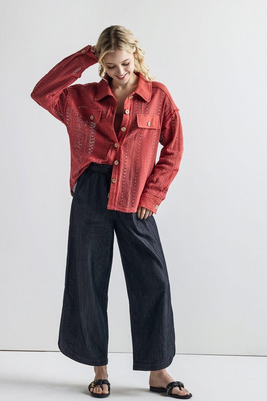 Plus Boho Crochet Lace Button Down Cotton Shacket - Sleekdenim.com