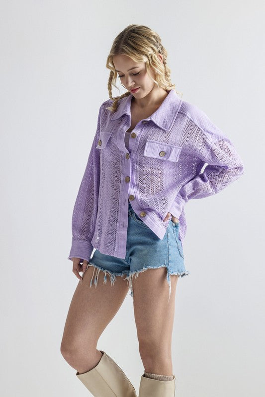 Plus Boho Crochet Lace Button Down Cotton Shacket - Sleekdenim.com