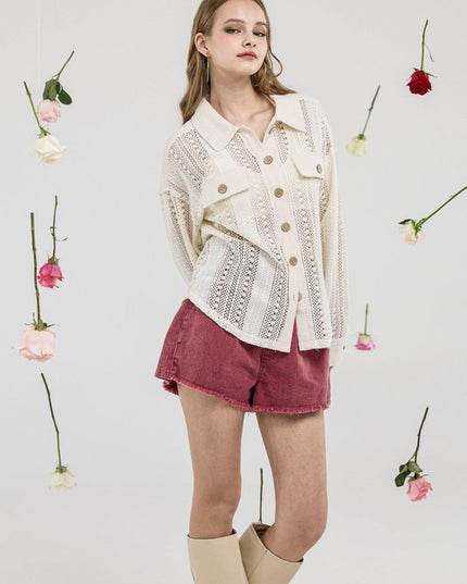 Plus Boho Crochet Lace Button Down Cotton Shacket - Sleekdenim.com