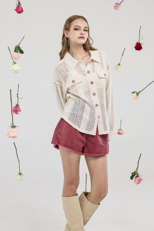 Plus Boho Crochet Lace Button Down Cotton Shacket - Sleekdenim.com