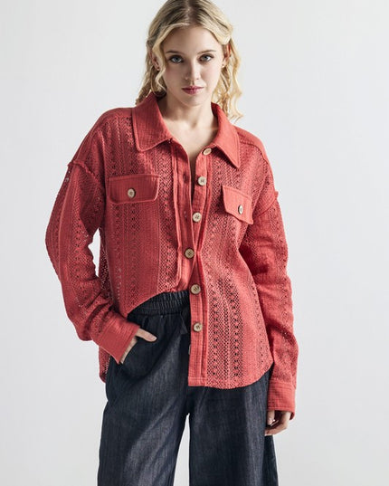 Plus Boho Crochet Lace Button Down Cotton Shacket - Sleekdenim.com