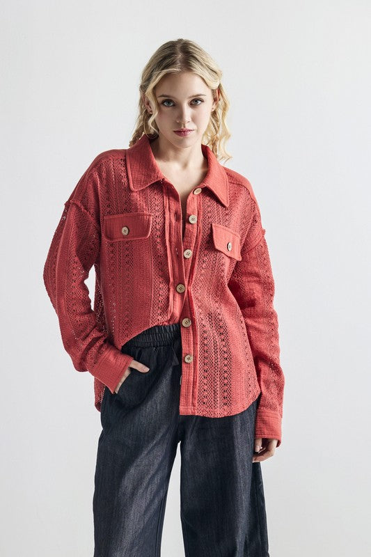 Plus Boho Crochet Lace Button Down Cotton Shacket - Sleekdenim.com