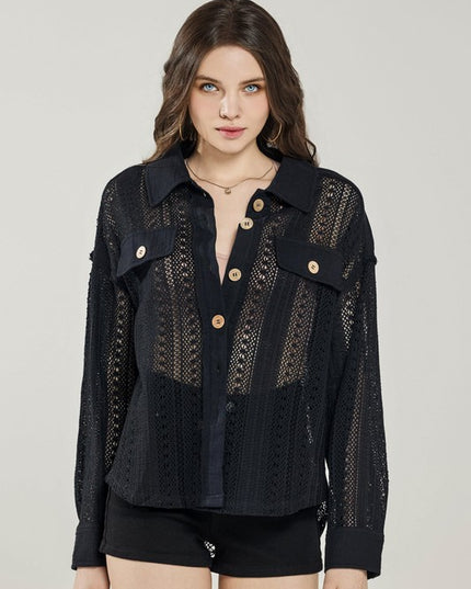 Plus Boho Crochet Lace Button Down Cotton Shacket - Sleekdenim.com