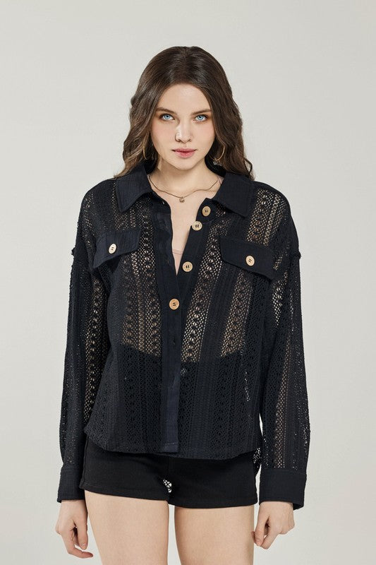 Plus Boho Crochet Lace Button Down Cotton Shacket - Sleekdenim.com
