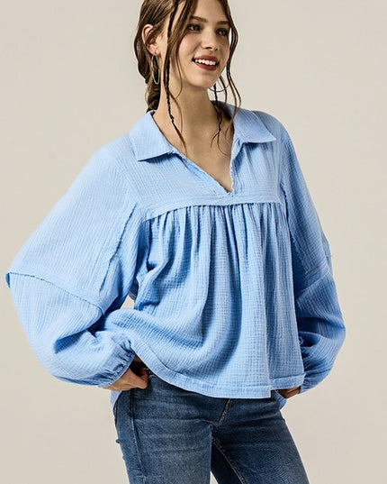 Plus V-neck Bubble Slv Cotton gauze Babydoll Top - Sleekdenim.com