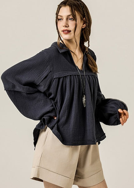 Plus V-neck Bubble Slv Cotton gauze Babydoll Top - Sleekdenim.com