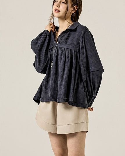 Plus V-neck Bubble Slv Cotton gauze Babydoll Top - Sleekdenim.com