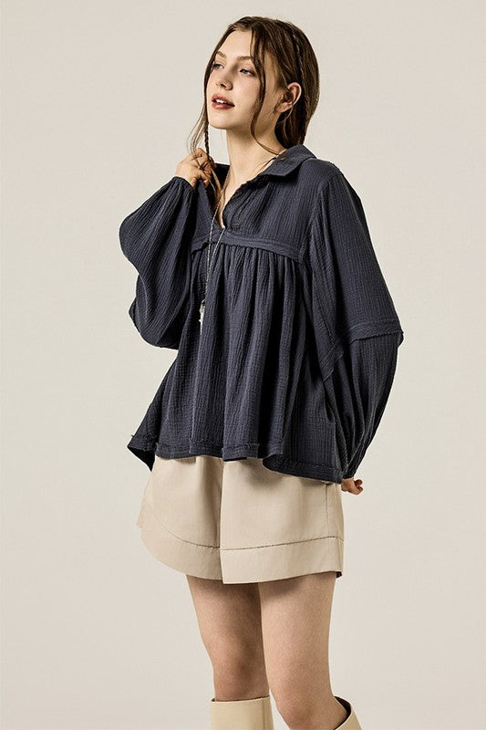 Plus V-neck Bubble Slv Cotton gauze Babydoll Top - Sleekdenim.com