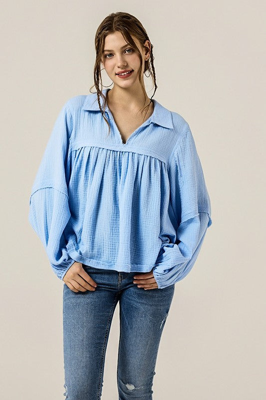 Plus V-neck Bubble Slv Cotton gauze Babydoll Top - Sleekdenim.com