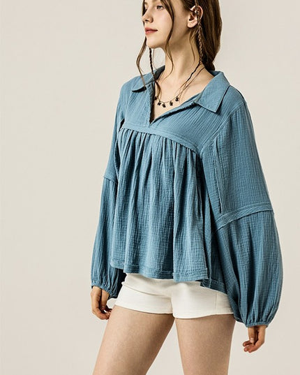 Plus V-neck Bubble Slv Cotton gauze Babydoll Top - Sleekdenim.com