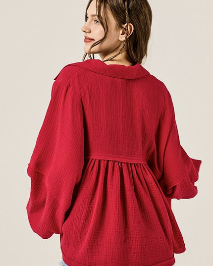 Plus V-neck Bubble Slv Cotton gauze Babydoll Top - Sleekdenim.com