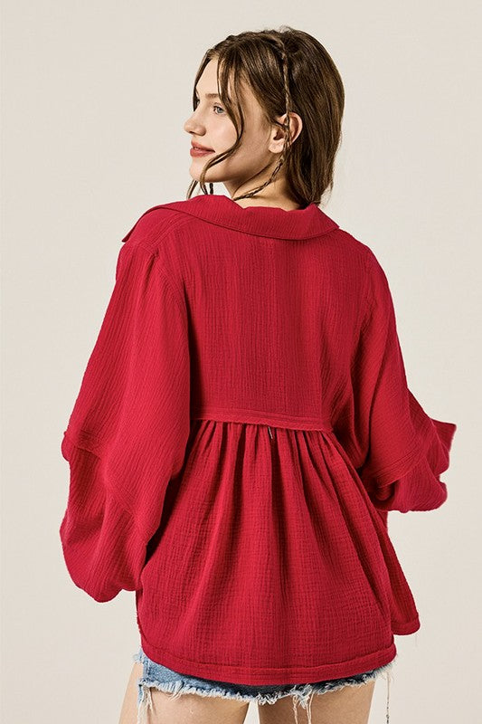 Plus V-neck Bubble Slv Cotton gauze Babydoll Top - Sleekdenim.com