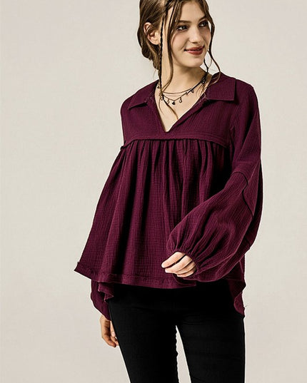 Plus V-neck Bubble Slv Cotton gauze Babydoll Top - Sleekdenim.com