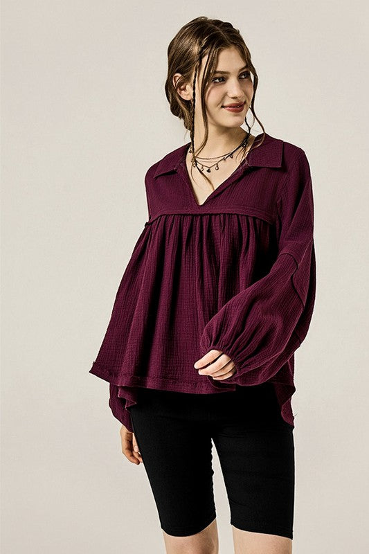 Plus V-neck Bubble Slv Cotton gauze Babydoll Top - Sleekdenim.com