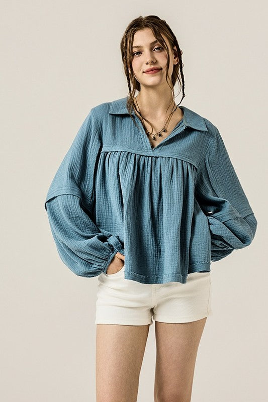 Plus V-neck Bubble Slv Cotton gauze Babydoll Top - Sleekdenim.com
