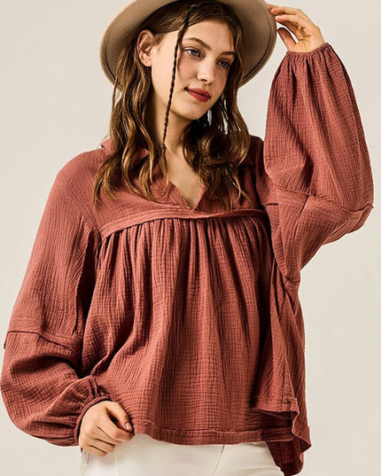 Plus V-neck Bubble Slv Cotton gauze Babydoll Top - Sleekdenim.com