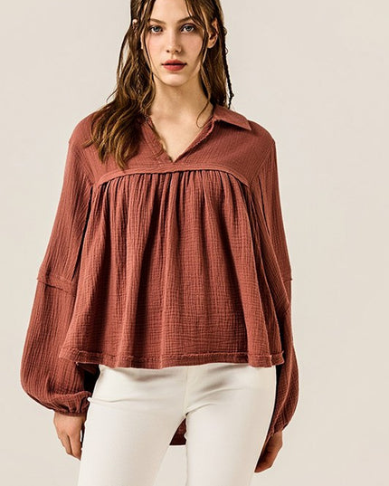 Plus V-neck Bubble Slv Cotton gauze Babydoll Top - Sleekdenim.com