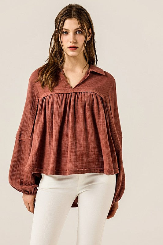 Plus V-neck Bubble Slv Cotton gauze Babydoll Top - Sleekdenim.com