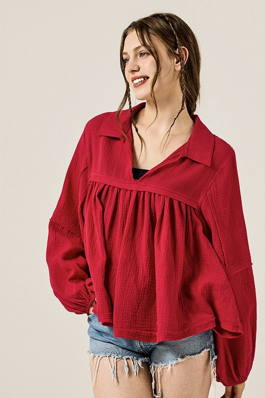 Plus V-neck Bubble Slv Cotton gauze Babydoll Top - Sleekdenim.com