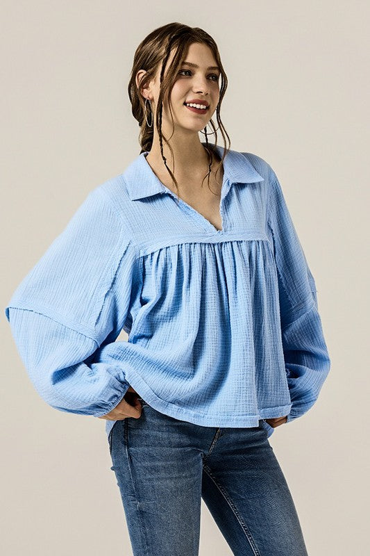 V-neck Bubble Sleeve Cotton gauze Babydoll Top - Sleekdenim.com