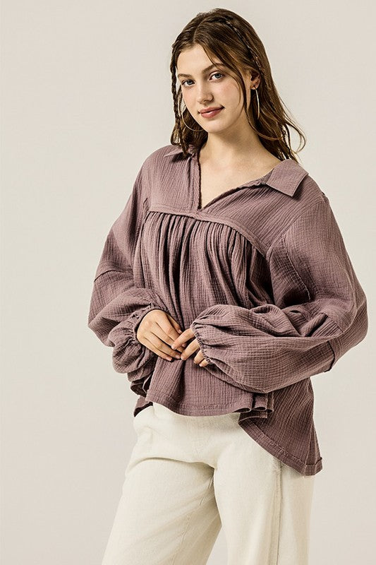 V-neck Bubble Sleeve Cotton gauze Babydoll Top - Sleekdenim.com