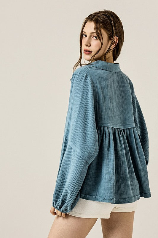 V-neck Bubble Sleeve Cotton gauze Babydoll Top - Sleekdenim.com
