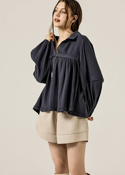 V-neck Bubble Sleeve Cotton gauze Babydoll Top - Sleekdenim.com
