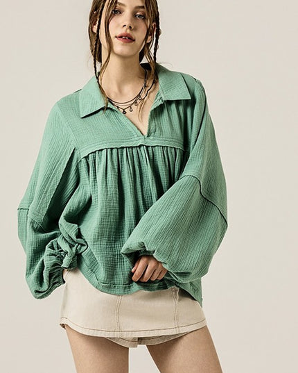 V-neck Bubble Sleeve Cotton gauze Babydoll Top - Sleekdenim.com