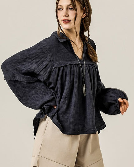 V-neck Bubble Sleeve Cotton gauze Babydoll Top - Sleekdenim.com