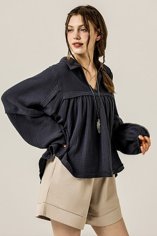 V-neck Bubble Sleeve Cotton gauze Babydoll Top - Sleekdenim.com