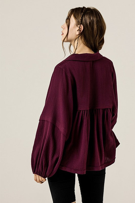 V-neck Bubble Sleeve Cotton gauze Babydoll Top - Sleekdenim.com