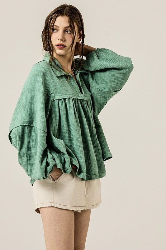 V-neck Bubble Sleeve Cotton gauze Babydoll Top - Sleekdenim.com