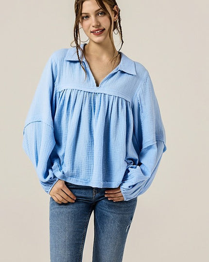 V-neck Bubble Sleeve Cotton gauze Babydoll Top - Sleekdenim.com