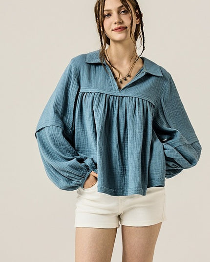 V-neck Bubble Sleeve Cotton gauze Babydoll Top - Sleekdenim.com