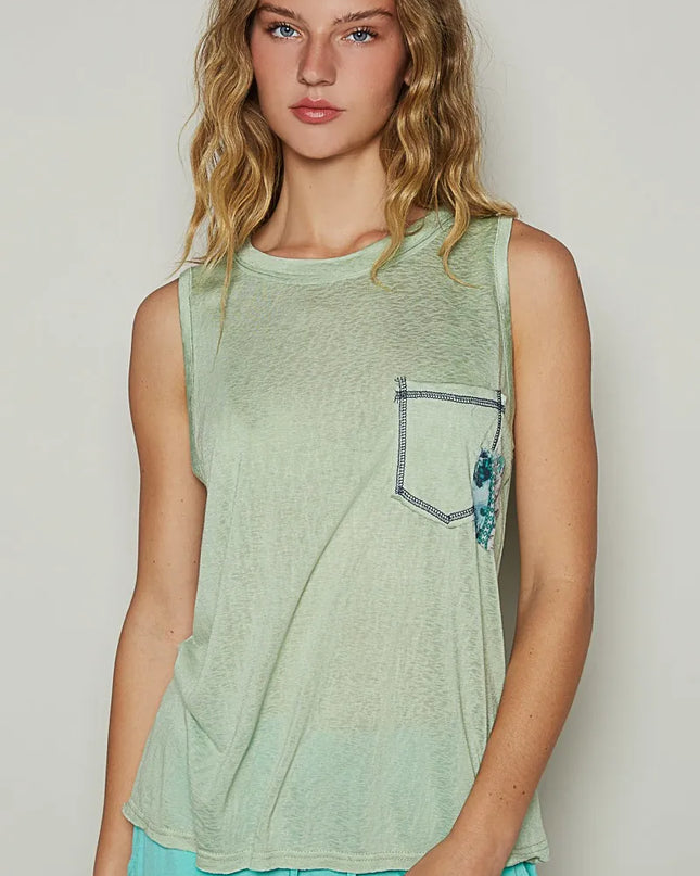 POL Floral Detail Pocket Patch Tank Top - Sleekdenim.com