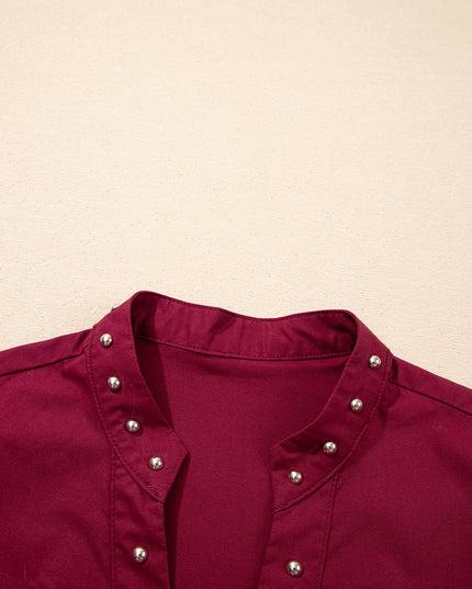 Burgundy Rivet Embellished V Neck Short Puff Sleeve Blouse - Sleekdenim.com