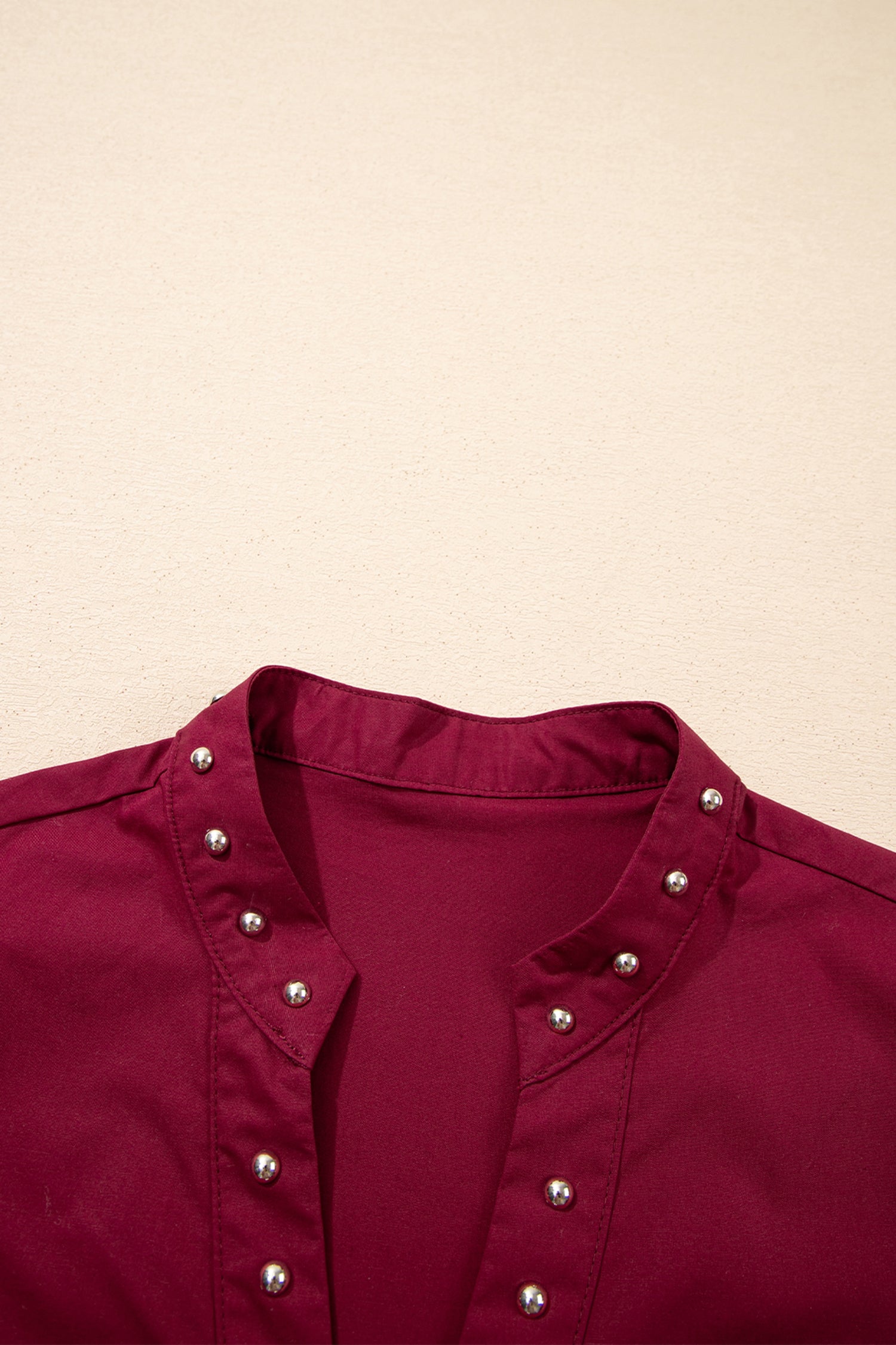 Burgundy Rivet Embellished V Neck Short Puff Sleeve Blouse - Sleekdenim.com