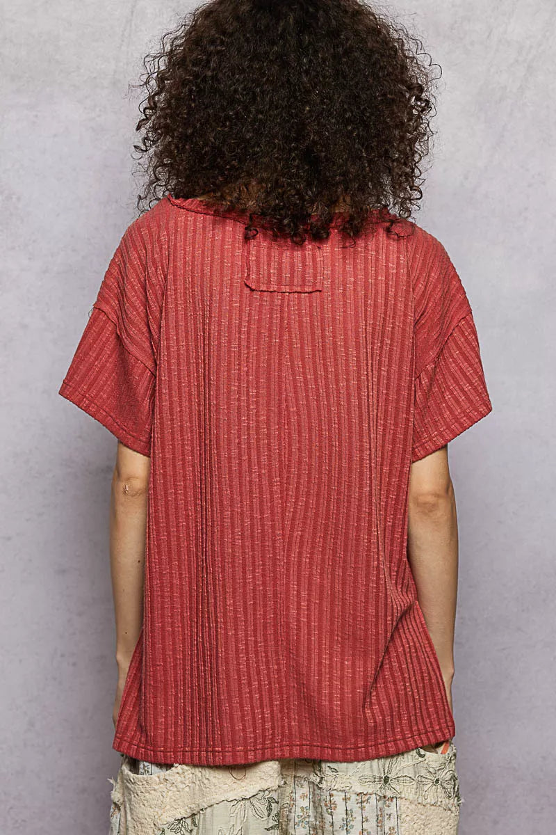 POL Ribbed Knit V-Neck Short Sleeve T-Shirt with Side Slit - Sleekdenim.com