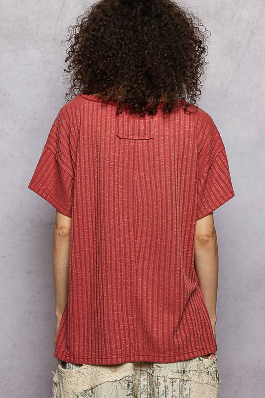 POL Ribbed Knit V-Neck Short Sleeve T-Shirt with Side Slit - Sleekdenim.com