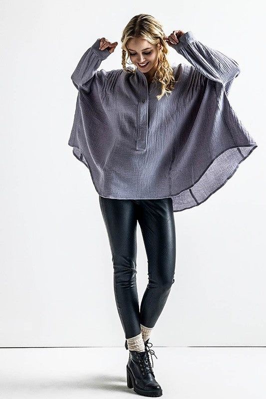 Oversized Pleat Ballon sleeve High and low Top - Sleekdenim.com
