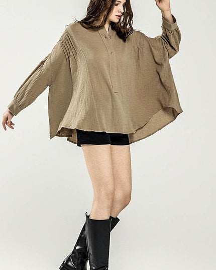 Oversized Pleat Ballon sleeve High and low Top - Sleekdenim.com