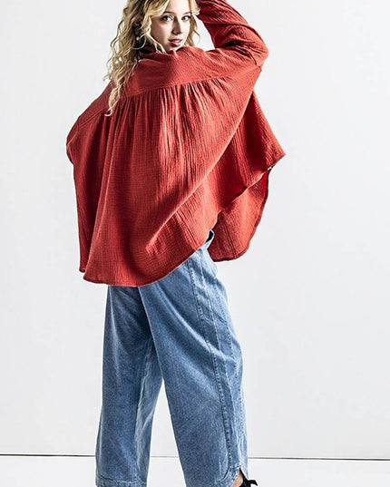 Oversized Pleat Ballon sleeve High and low Top - Sleekdenim.com