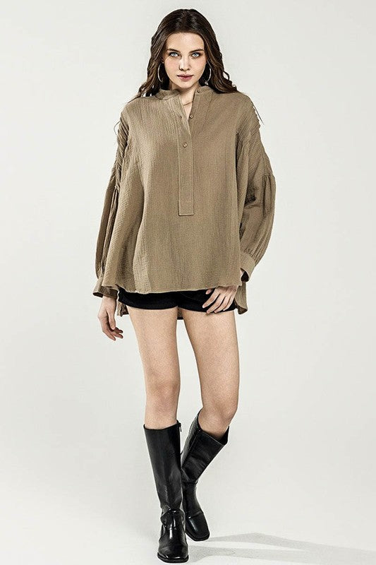 Oversized Pleat Ballon sleeve High and low Top - Sleekdenim.com