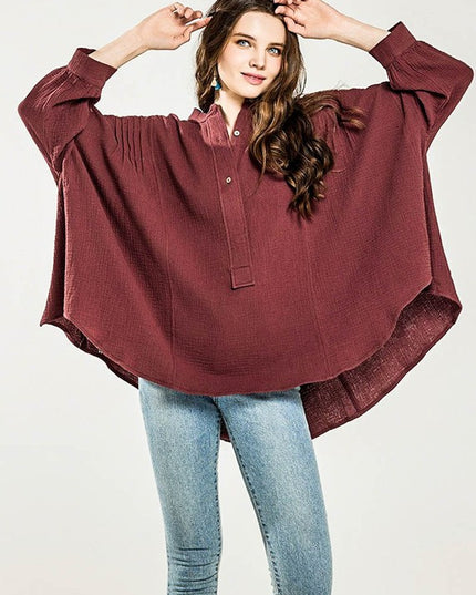 Oversized Pleat Ballon sleeve High and low Top - Sleekdenim.com