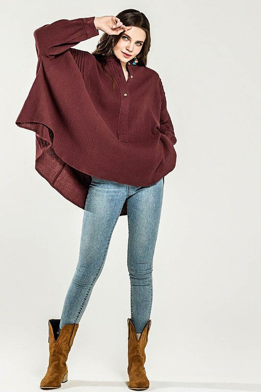 Oversized Pleat Ballon sleeve High and low Top - Sleekdenim.com