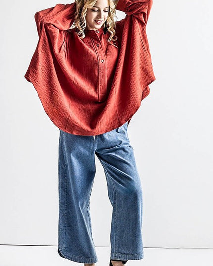 Oversized Pleat Ballon sleeve High and low Top - Sleekdenim.com